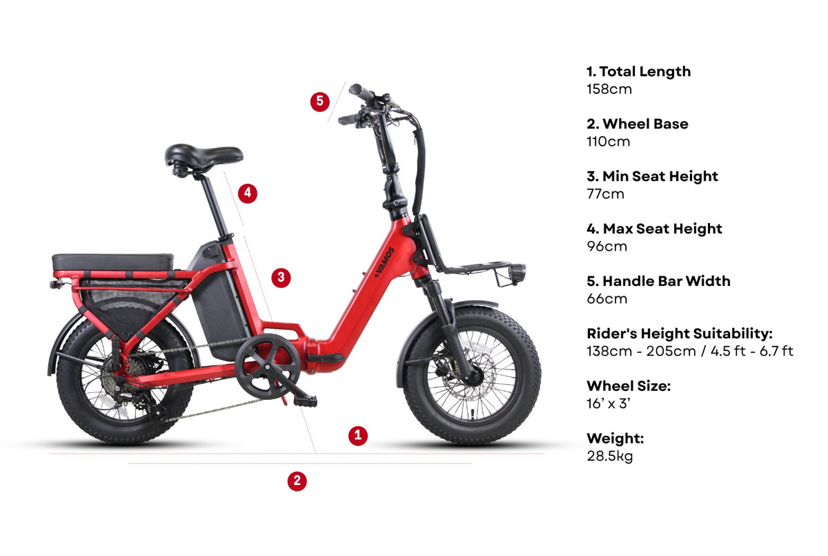 The specification and measurement diagram for the red Vamos Doblez 2026 Compact Folding Electric Bike