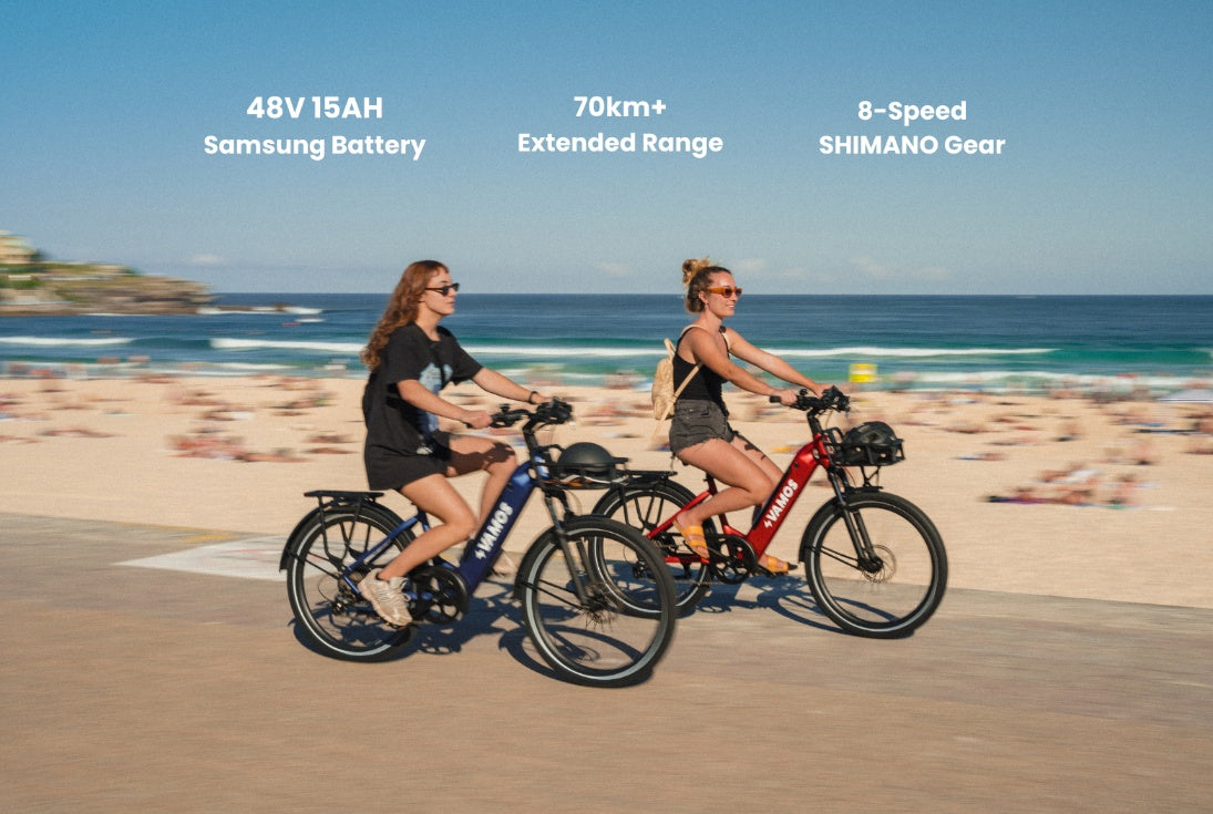 Vamos Rapido 2026 Daily Commuter E-Bike, a coastal electric bicycle featuring a 48V 15Ah Samsung battery and an 8-speed Shimano gearset.