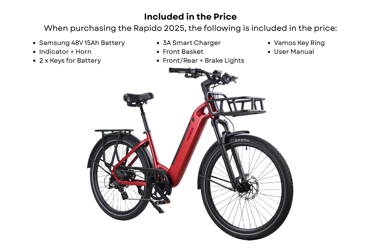 Red Vamos Rapido daily commuter electric bicycle equipped with a front basket and a Samsung 48V 15Ah battery.